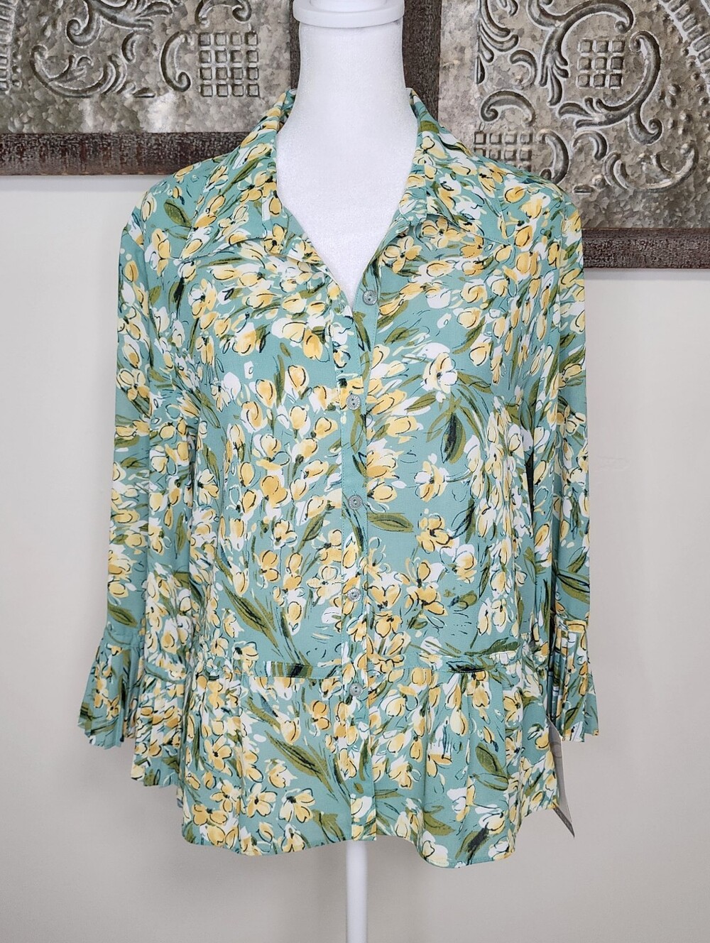 Emma James Sage Green Floral Button-Front Women's Pleated 3/4 Sleeve Blouse Sz10